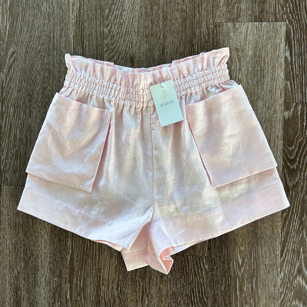 Hevron Mira Linen Shorts Rose Quartz Pink High Rise Pocket Sz M NWT - Picture 2 of 16